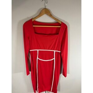 Valentines Day Red Long Sleeve Square Neck Dress with White Trim Accent Small